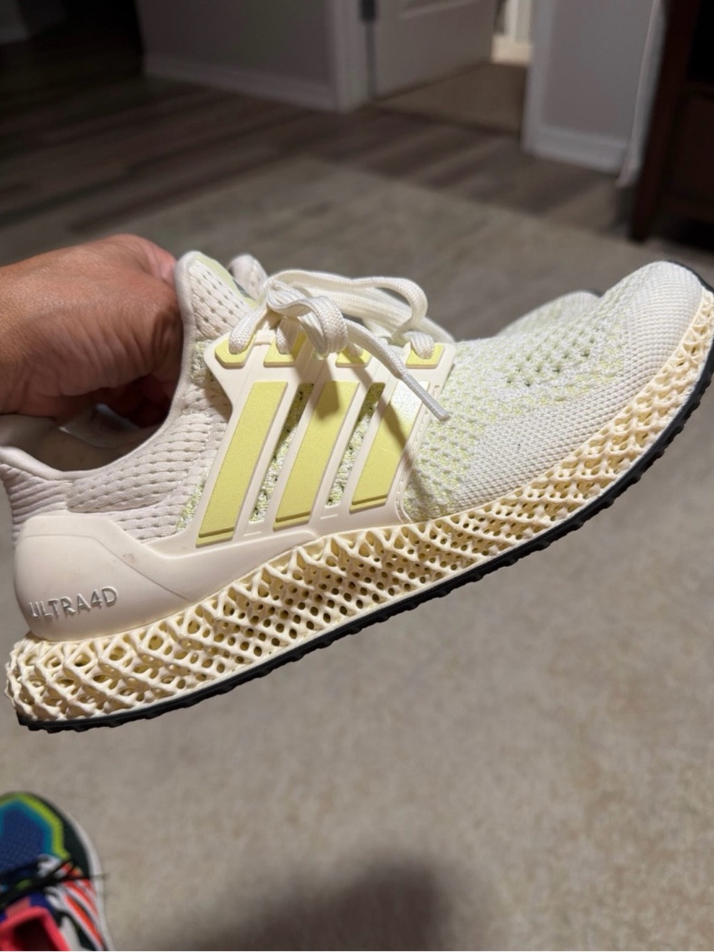 Adidas Ultra4D Cream and Light Yellow Knit Running Sneakers. They glow at night!